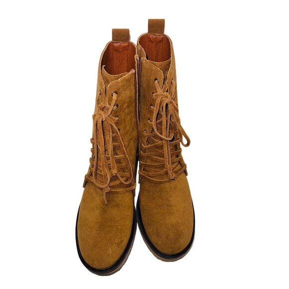 Mum Camel Suede Lace-Up Mid-Calf Boots Chunky Platform Heel Boho Retro 70s Y2K 7 - Picture 5 of 11